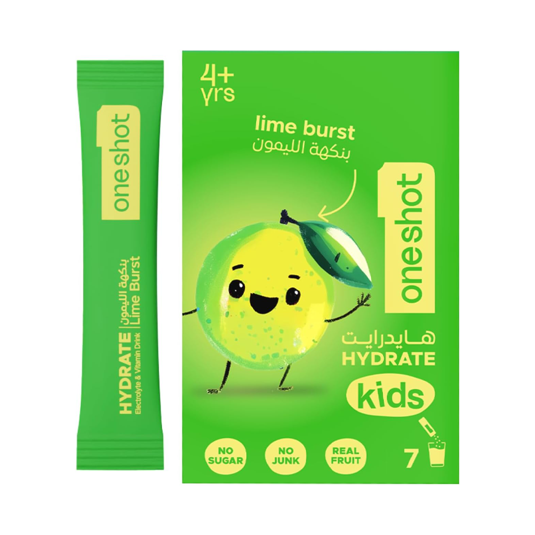 Oneshot Kids Hydration Electrolyte Drink Mix Lime Burst 7 Sticks Sugar Free with Vitamins Zinc Electrolytes