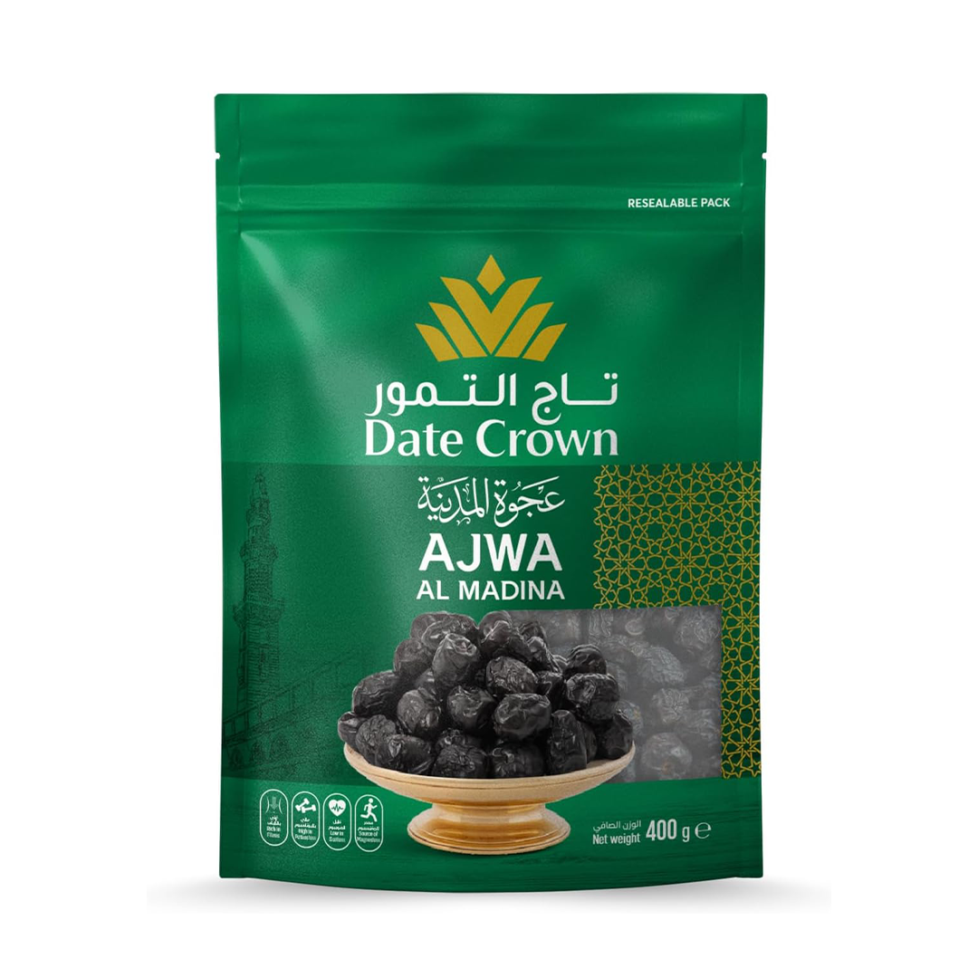 Date Crown Ajwa Al Madina Dates 400g Resealable Pouch Premium Saudi Dates Natural Fruit Snack