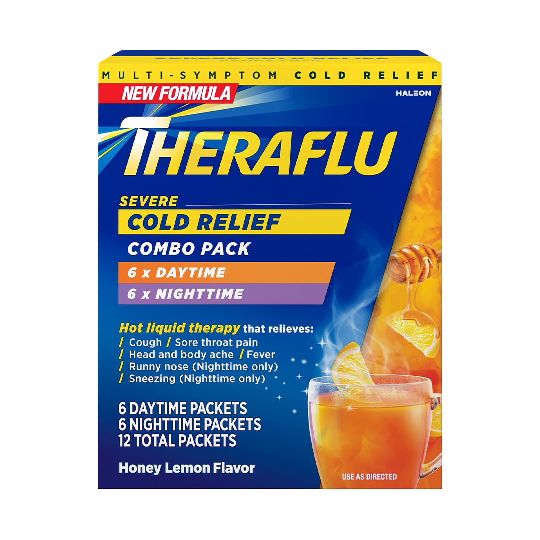 Theraflu Combo Daytime and Nighttime Severe Cold Relief Powder, Honey Lemon Flavor, 12 Count, 6 Daytime + 6 Nighttime
