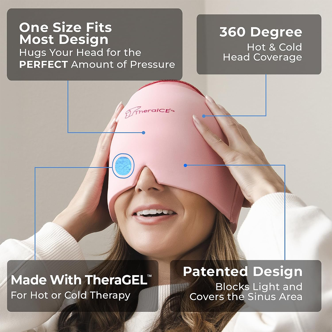 TheraICE Headache Relief Cap Migraine Ice Pack Mask & Cooling Gel Hat for Women | Cold Compress Head Wrap for Stress & Pain Relief
