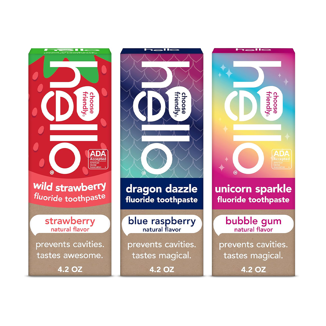 Hello Kids Fluoride Toothpaste Variety Pack Unicorn Strawberry Dragon Anticavity Vegan SLS Free 3 x 4.2 oz