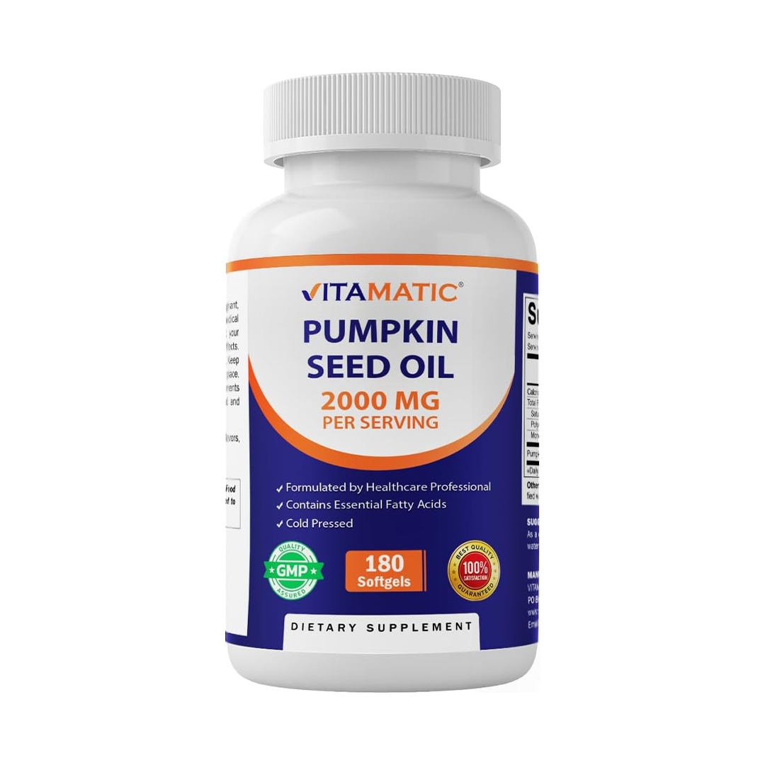 Vitamatic زيت بذور اليقطين 2000 ملجم كبسولات هلامية لكل جرعة - 180 كبسولة هلامية - 1000 ملجم لكل كبسولة هلامية