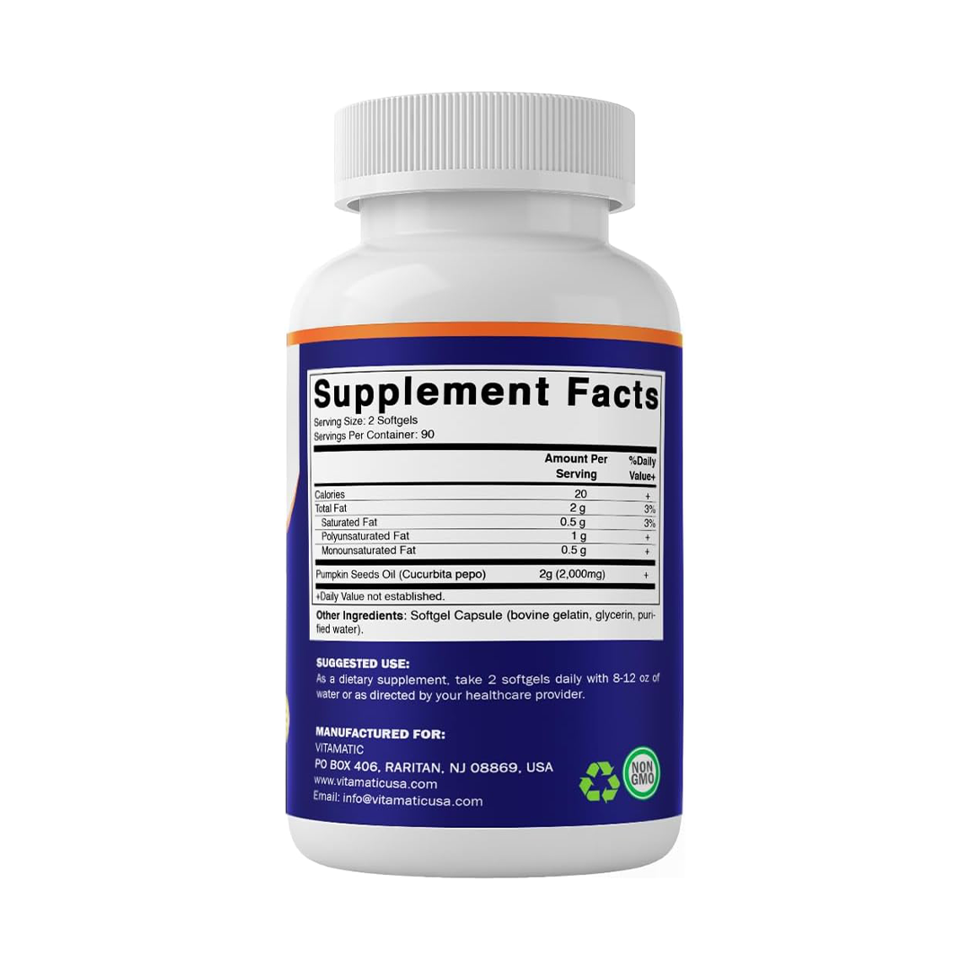 Vitamatic زيت بذور اليقطين 2000 ملجم كبسولات هلامية لكل جرعة - 180 كبسولة هلامية - 1000 ملجم لكل كبسولة هلامية
