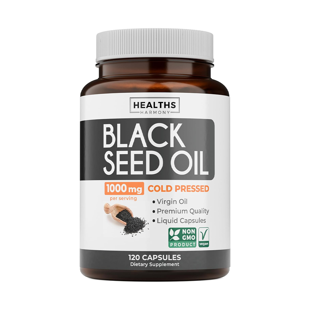 Healths Harmony Black Seed Oil - 120 Softgel Capsules (Non-GMO & Vegetarian) Premium Cold-Pressed Nigella Sativa Producing Pure Black Cumin Seed Oil...