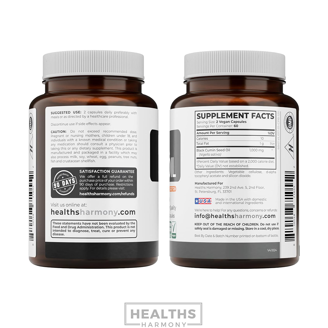 Healths Harmony Black Seed Oil - 120 Softgel Capsules (Non-GMO & Vegetarian) Premium Cold-Pressed Nigella Sativa Producing Pure Black Cumin Seed Oil...