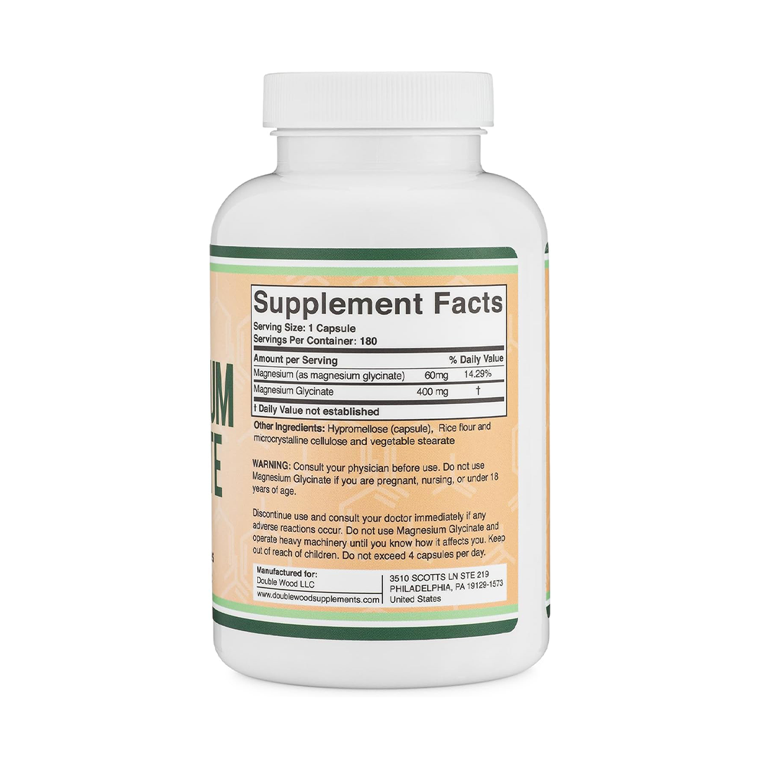 مكملات Magnesium Glycinate 400mg من Double Wood، عدد 180 كبسولة (آمن للنباتيين، مصنّع وتم اختباره من طرف ثالث في الولايات المتحدة الأمريكية، خالٍ من الغلوتين، غير معدّل وراثيًا) عالي...