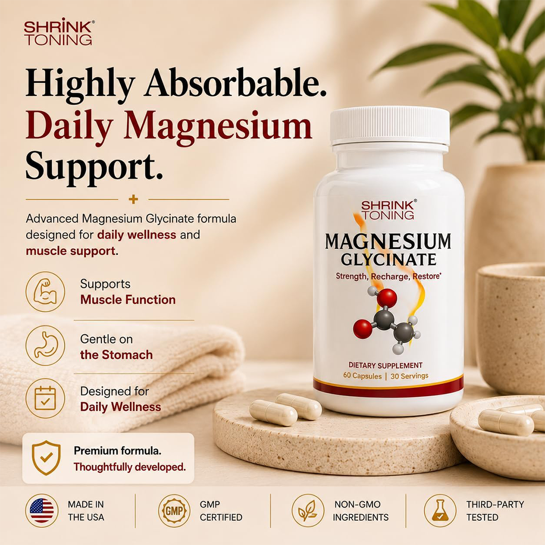Shrink Magnesium Glycinate 1666 mg – مكمل مغنيسيوم عالي الامتصاص – يدعم وظيفة العضلات – 60 كبسولة
