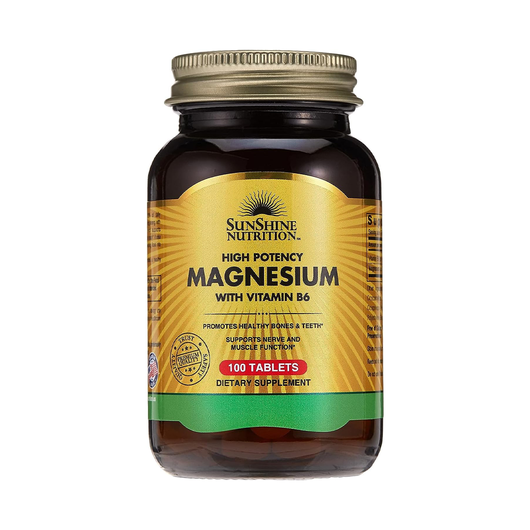 Sunshine Nutrition High Potency Magnesium With Vitamin B6 100 Tablets | To Promotes Healthy Bones