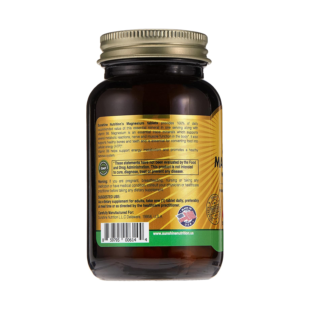 Sunshine Nutrition High Potency Magnesium With Vitamin B6 100 Tablets | To Promotes Healthy Bones