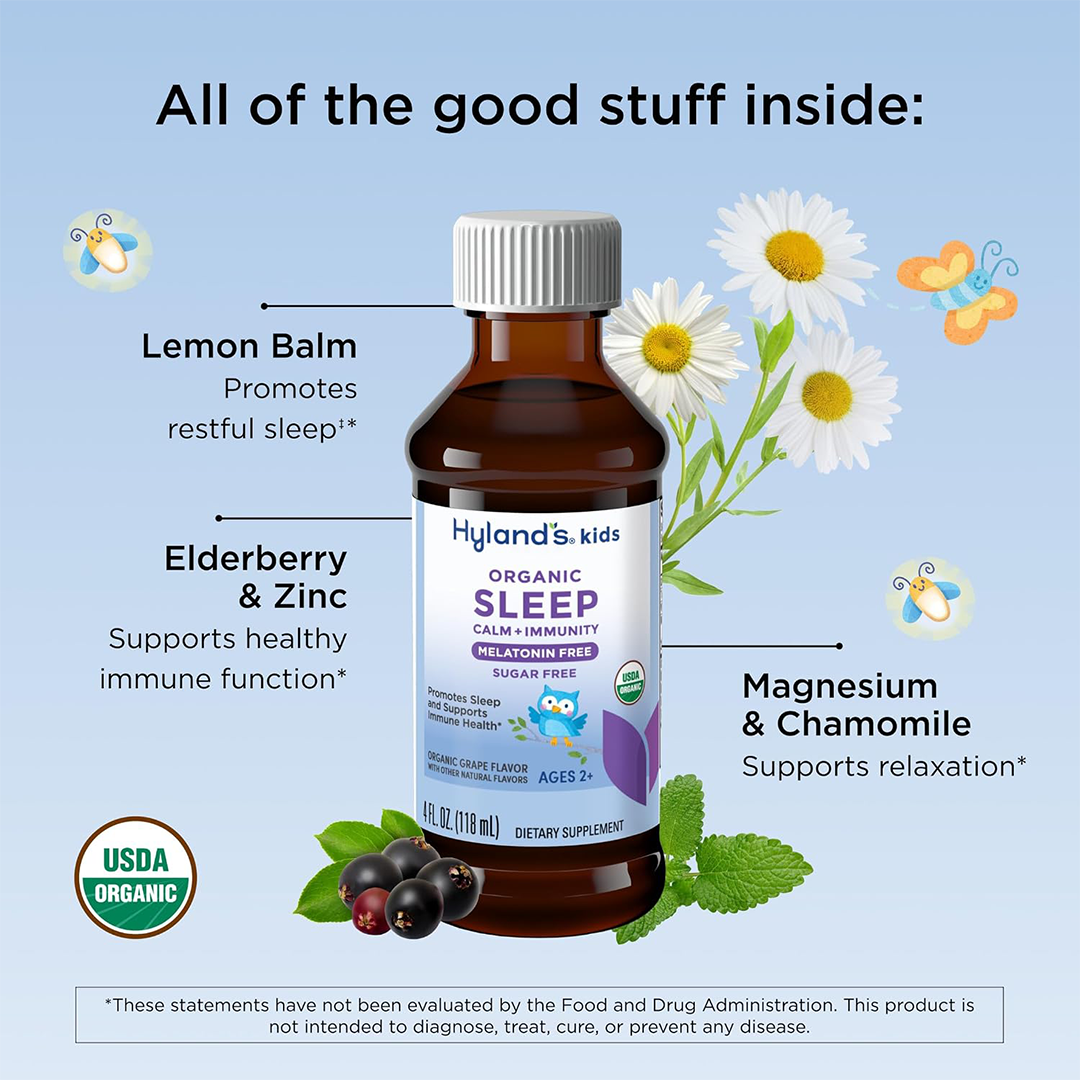 Hyland's Kids - Melatonin-Free Organic Sleep Calm + Immunity Liquid, Sugar-Free, Promotes Sleep & Supports Immune Health, Ages 2+, Grape Flavor, 4 Fl. Oz.