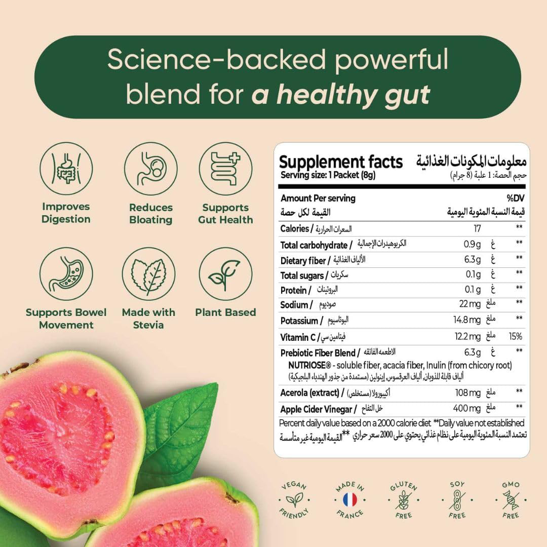 Gut Health Prebiotic Fibre Drink mix | Support Digestion, Gut Health, Weight Management | No added sugar | Vegan | 8g Powder sachets Guava flavor (Pack of 15)