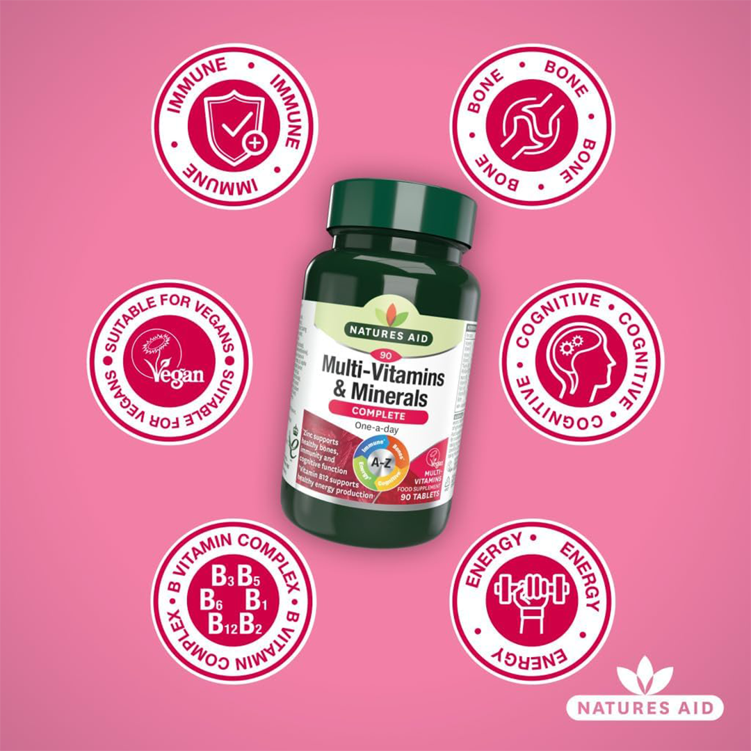 Natures Aid Multi-Vitamins and Minerals Complete | 90 Tablets | One-a-Day A-Z | Zinc Supports Cognitive Function, Healthy Bones, Immunity, and Vitamin B12 Supports Healthy Energy Production