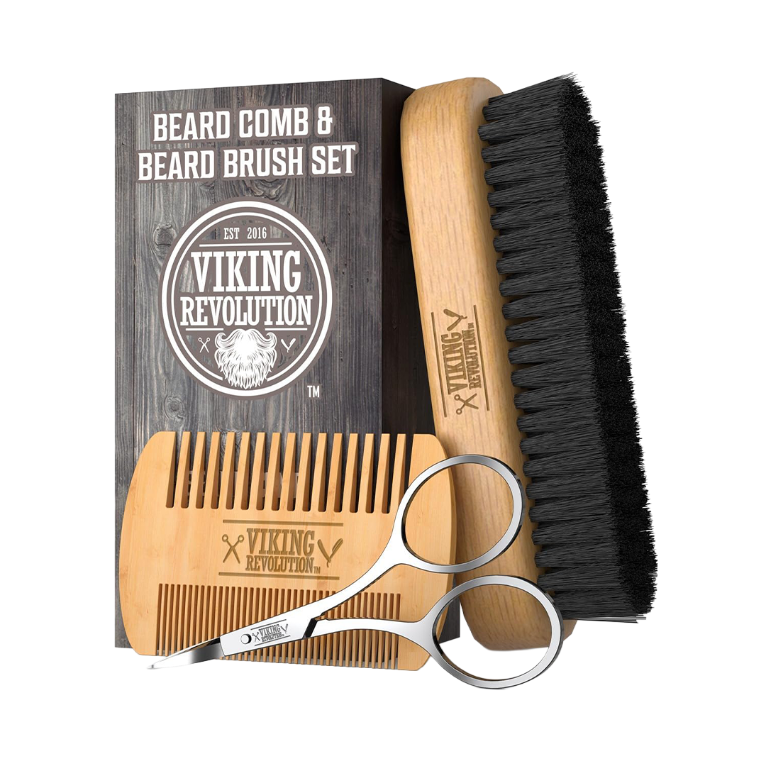 Viking Revolution Premium Beard Grooming Set - Comb and Brush for Smooth and Neat Facial Hair - Awesome Gifts for Men