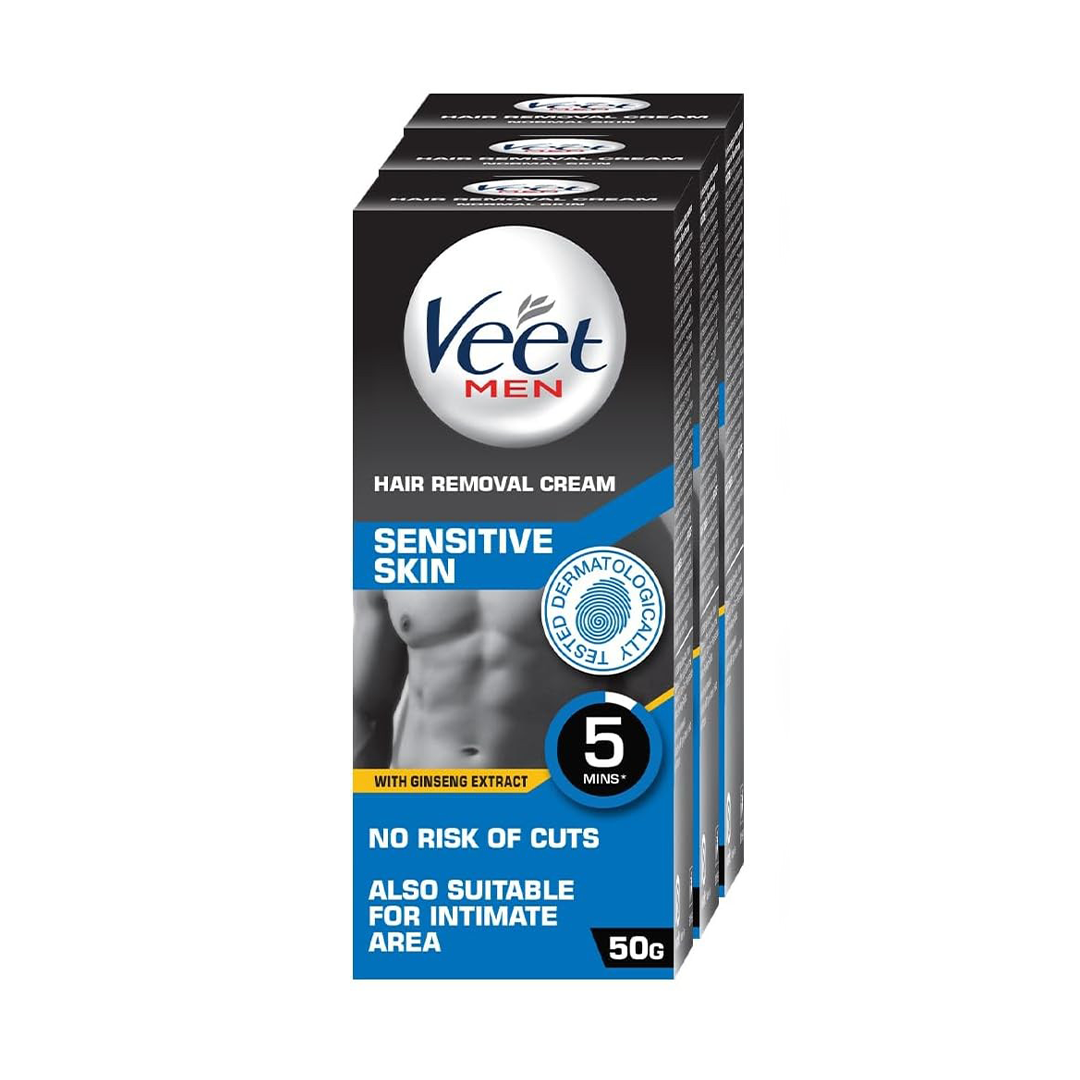 Veet Men Hair Removal Cream Sensitive Skin Formula for Body & Intimate Areas | 50 g (Pack of 3)