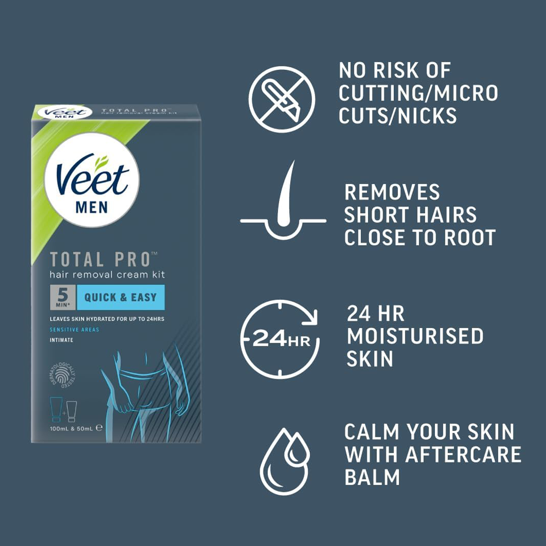 Veet Men Total Pro Intimate Hair Removal Cream & Aftercare Lotion Sensitive Areas Kit | 150 mL
