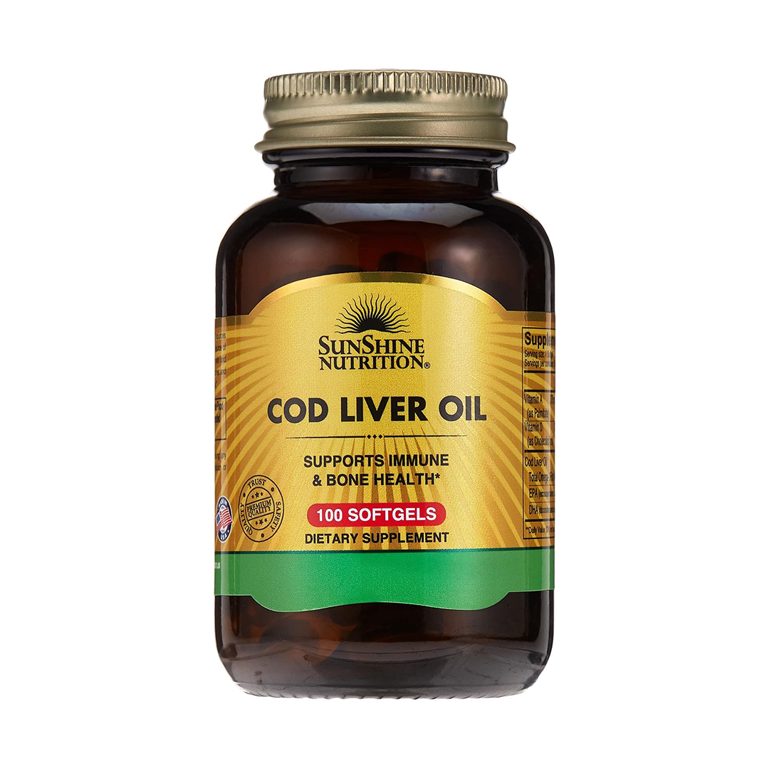 Sunshine Nutrition Cod Liver Oil Softgels Omega-3 with Vitamins A & D (100 Count)