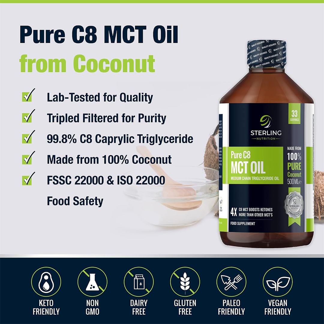 STERLING NUTRITION Premium 99.7% Pure C8 MCT Oil (500ml) The "Ultimate Brain Fuel"