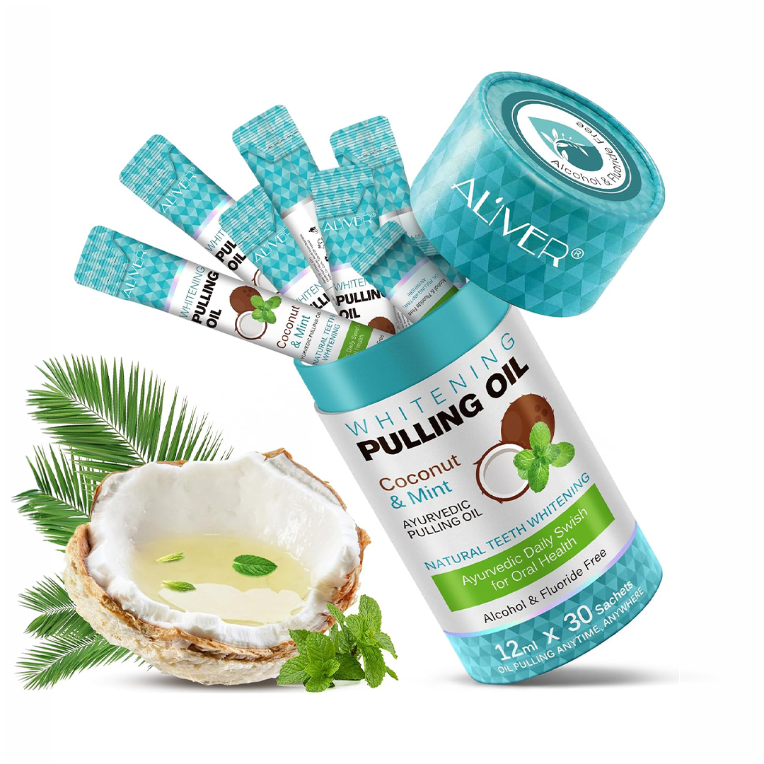 ALIVER Coconut Pulling Oil Sachets for Teeth Whitening – 30 Alcohol-Free Oral Care Packs