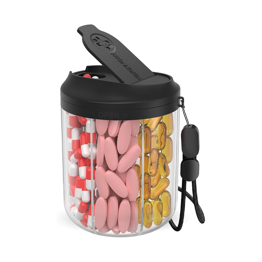 Pill Bottle Organizer 7 Large Compartments with Labels, Travel & Supplement Pill Box, Black