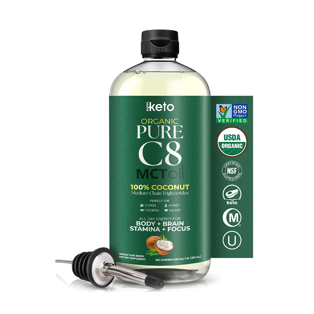 Keppi Organic C8 MCT Oil Flavorless Coconut Oil, Non-GMO, 16 oz