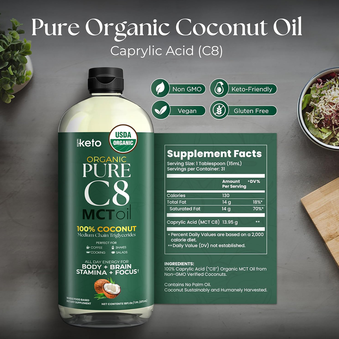 Keppi Organic C8 MCT Oil Flavorless Coconut Oil, Non-GMO, 16 oz