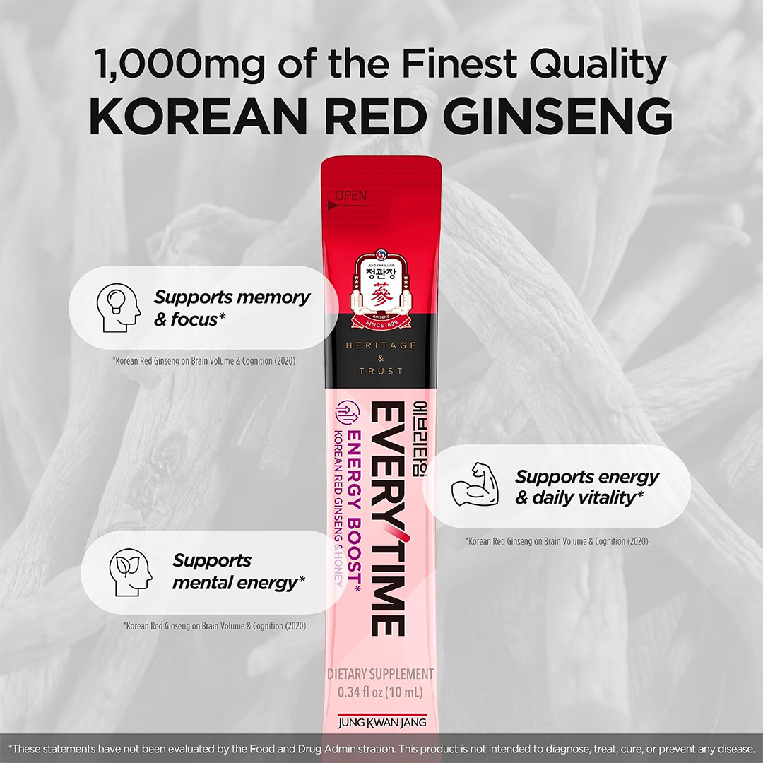 JUNG KWAN JANG Everytime Energy Boost Korean Red Ginseng Stick 1000mg with Honey (30 Pack)