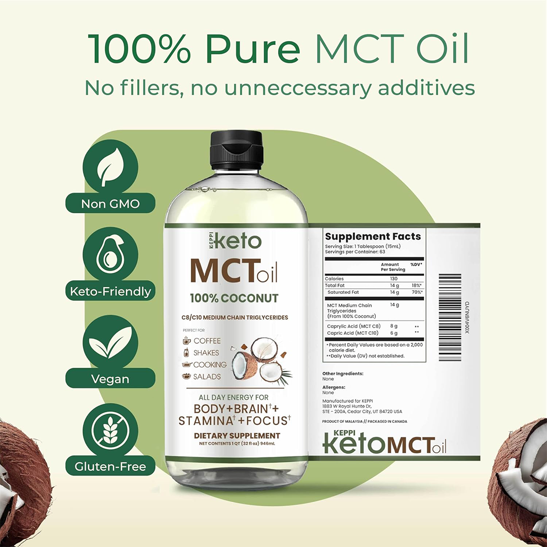 Keppi MCT Oil 32 oz C8 & C10 Coconut Oil, Flavorless, Non-GMO
