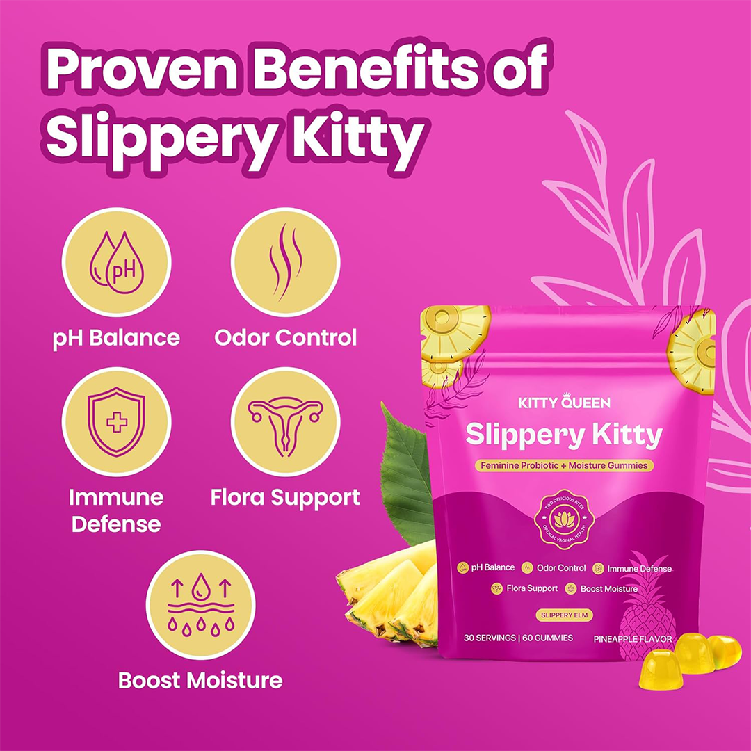 KITTYQUEEN Slippery Kitty Feminine Probiotic Gummies Vaginal Health Support, pH Balance, Odor Control & Moisture Boost (60 Count, Pineapple Flavor)