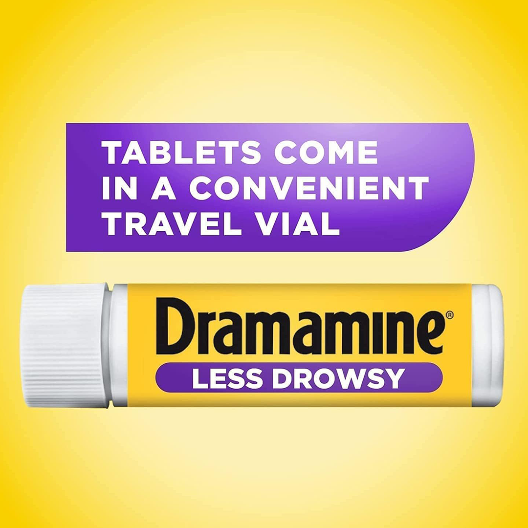 Dramamine Less Drowsy Motion Sickness Relief Tablets Travel Size Vial, 8 Count, Fast Acting Nausea & Dizziness Relief