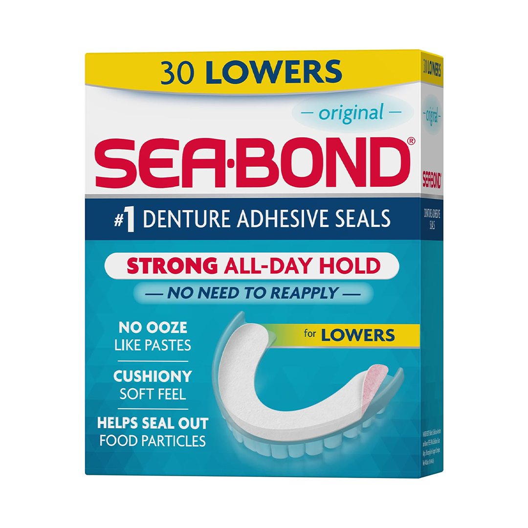 Sea Bond Secure Denture Adhesive Seals Zinc-Free Lower Denture Pads, All-Day Hold, Mess-Free Comfort (30 Count)