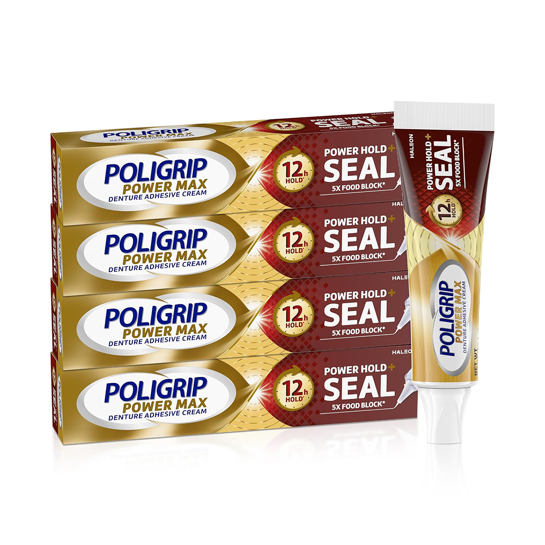 Poligrip Power Max Denture Adhesive Cream Strong Hold & Food Seal, Flavor-Free Formula, 2.2 oz (Pack of 4)