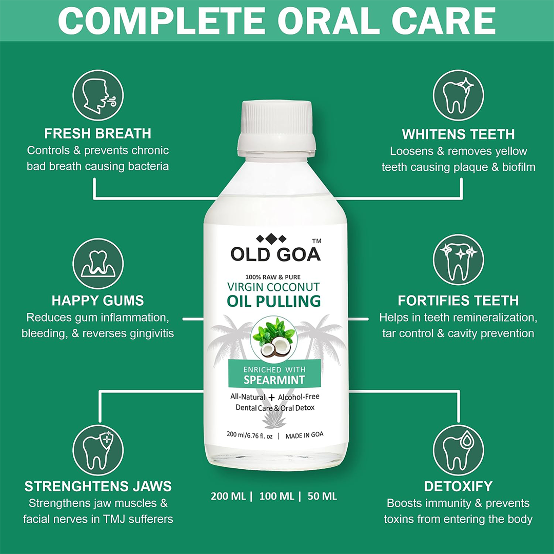 Oil Pulling Mouthwash Coconut and Spearmint Oil 200ml Alcohol Free Oral Rinse for Fresh Breath Teeth Whitening and Gum Care