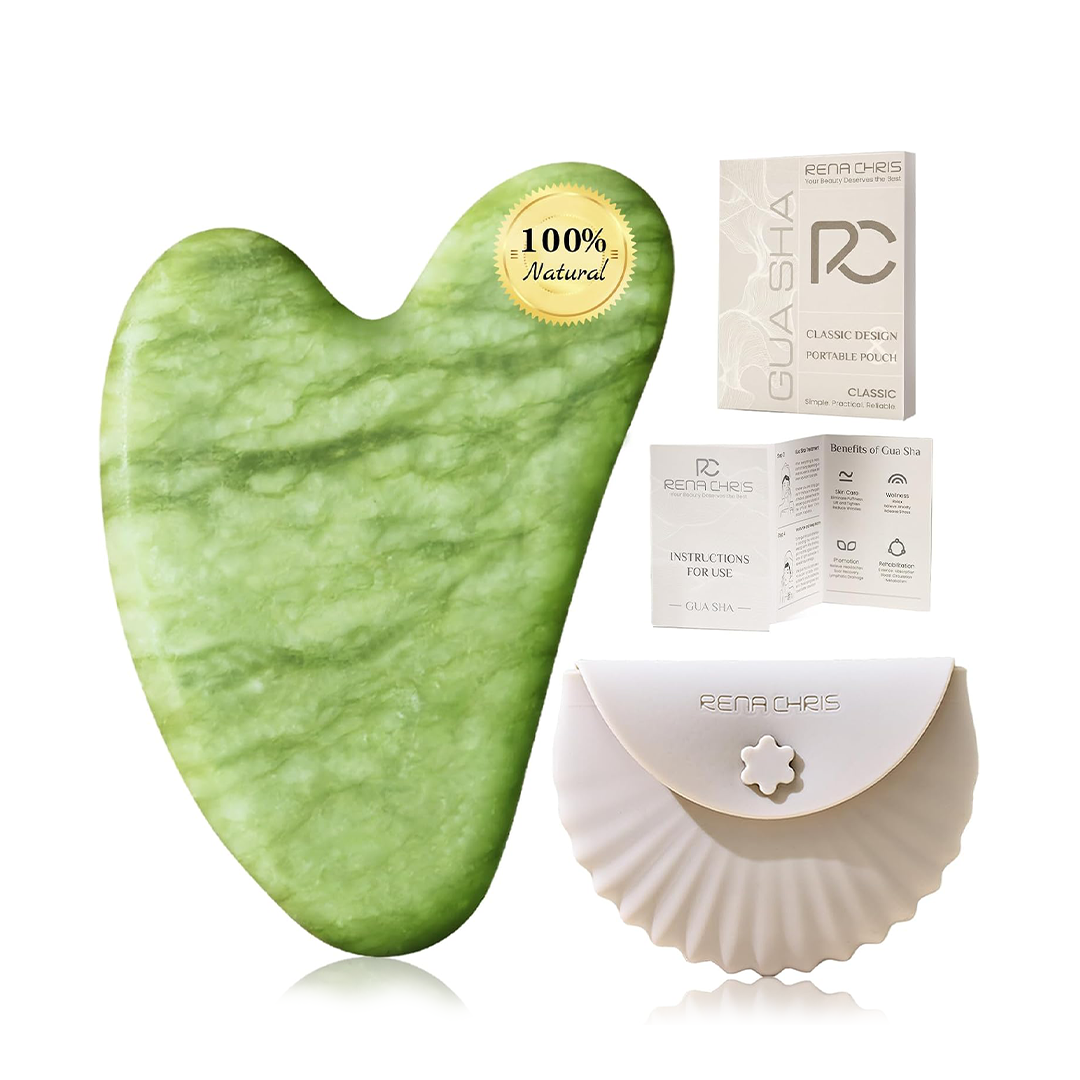 Rena Chris Jade Gua Sha Facial Tool Green Xiuyan Stone Face Massager for Lifting Sculpting and Puffiness Reduction with Silicone Case