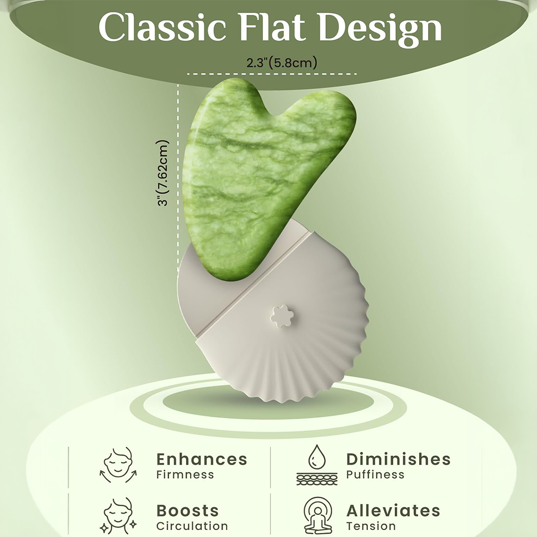 Rena Chris Jade Gua Sha Facial Tool Green Xiuyan Stone Face Massager for Lifting Sculpting and Puffiness Reduction with Silicone Case