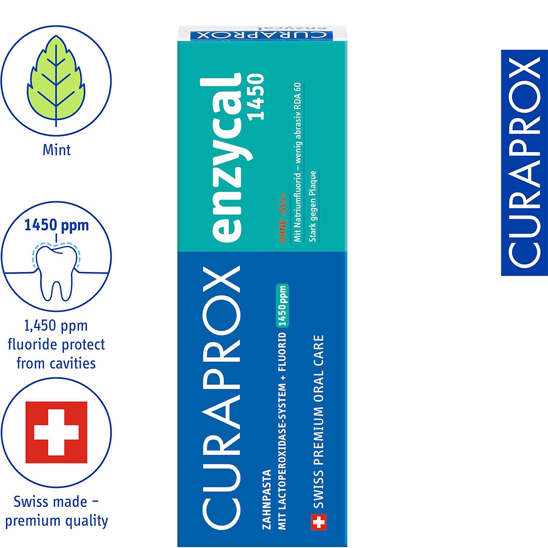 Curaprox Enzycal 1450 Toothpaste Anti-Cavity & Plaque Protection | Gentle Swiss Oral Care with Mild Mint Flavor
