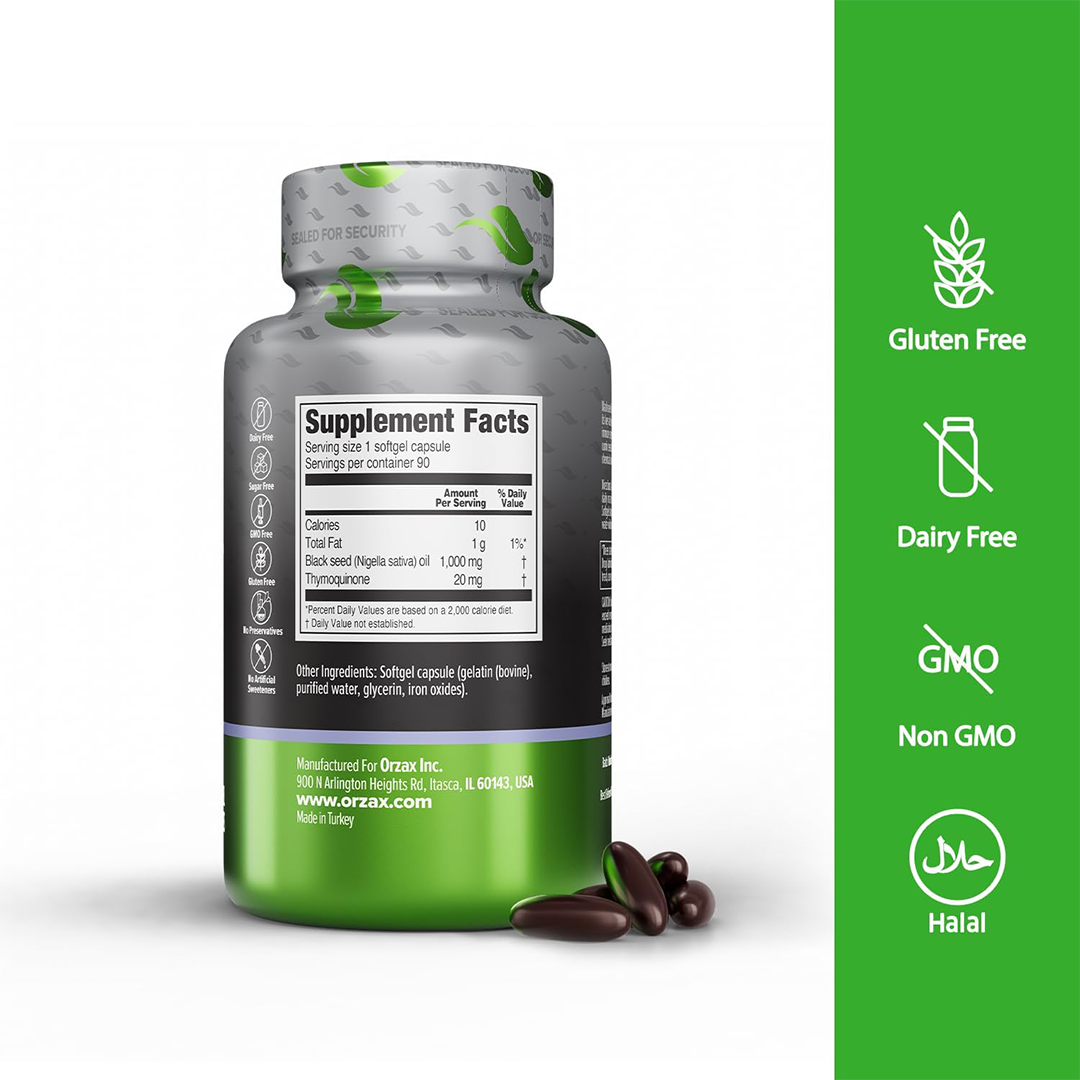 ORZAX Black Seed Oil Capsules 90 Days Supply 2% Thymoquinone Cold-Pressed Nigella Sativa | Immune, Joint, Skin & Hair Support | Non-GMO & Gluten Free