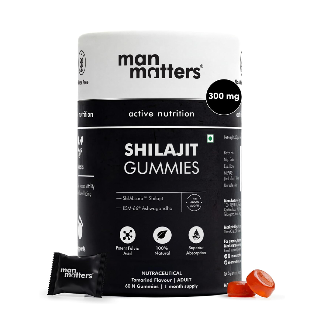 Man Matters Himalayan Shilajit Gummies 300 mg With KSM-66 Ashwagandha & 75% Fulvic Acid | Energy, Stamina & Strength Support | Sugar-Free, Non-GMO, 60 Gummies