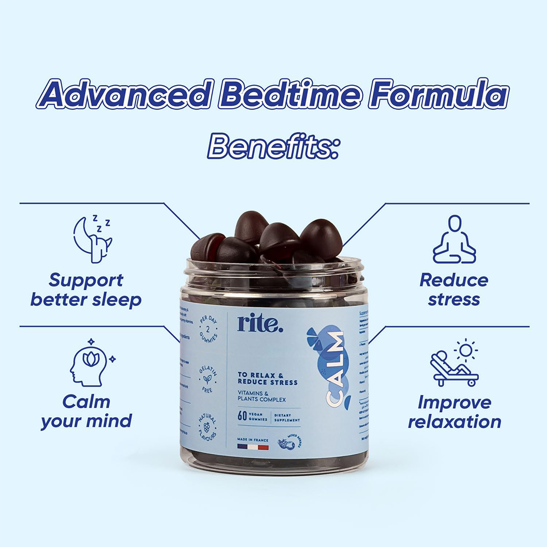 Rite. CALM Vegan Vitamin Gummies Stress Relief & Sleep Support with L-Theanine, Adaptogens, Vitamin B6 & E | Mood & Relaxation Supplement, 60 Count