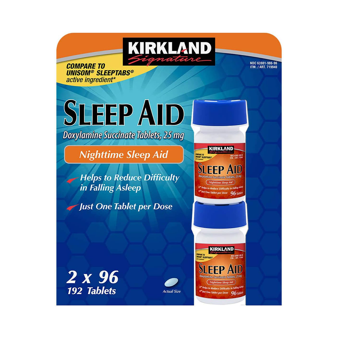 Kirkland Signature Sleep Aid 25 mg (Doxylamine Succinate) 2 Bottles x 96 Tablets | Nighttime Sleep Support for Occasional Insomnia