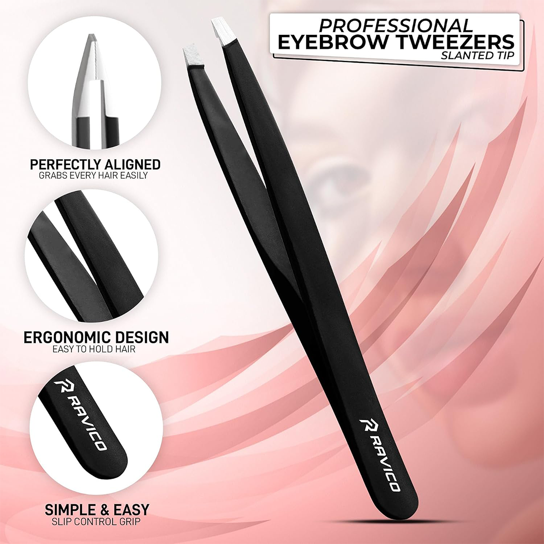 Professional Stainless Steel Slanted Eyebrow Tweezers with Travel Case
