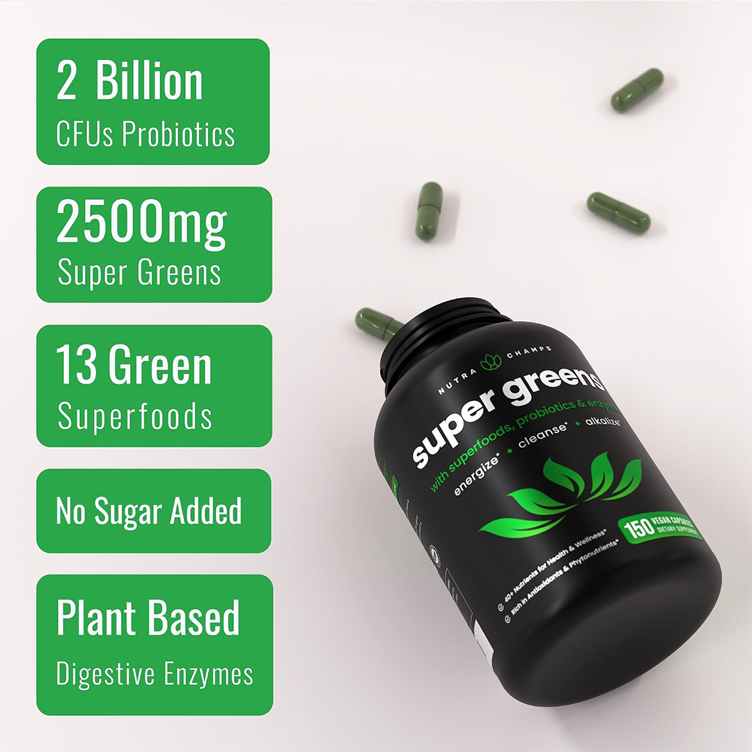 Organic Super Greens Capsules Daily Whole Food Nutrient & Digestive Support