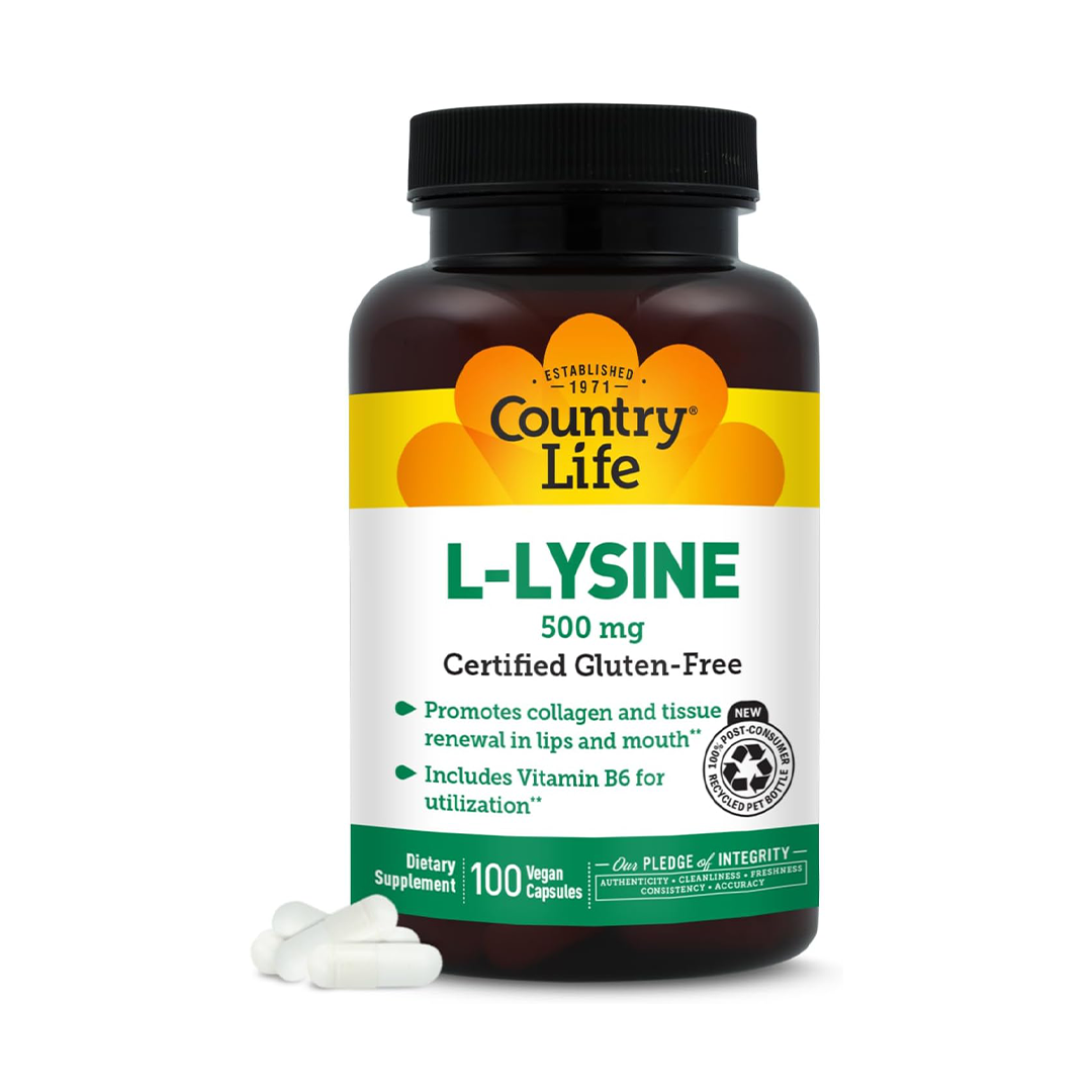 Country Life L-Lysine 500mg Capsules Certified Gluten Free Dietary Supplement 100 Capsules