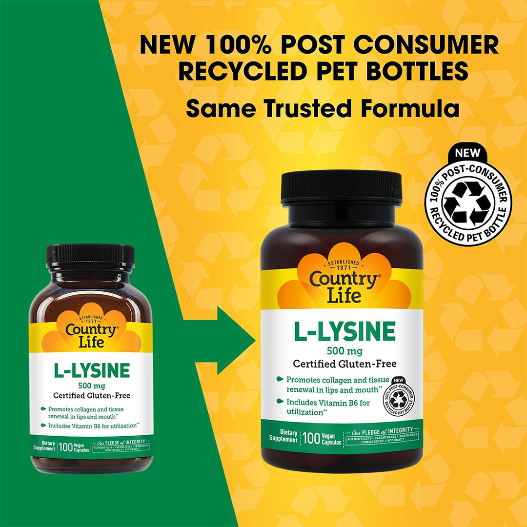 Country Life L-Lysine 500mg Capsules Certified Gluten Free Dietary Supplement 100 Capsules