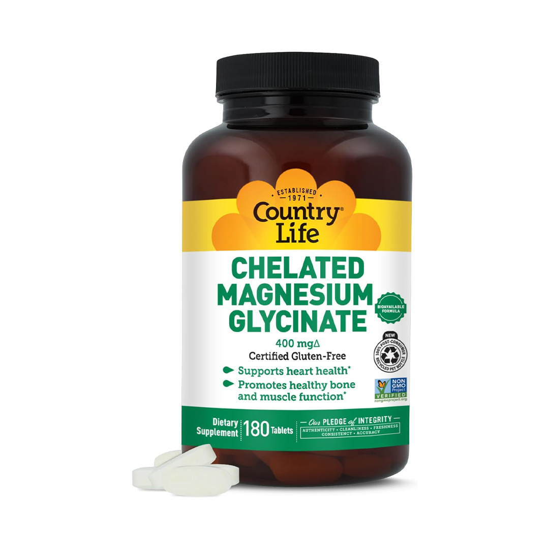 Country Life Chelated Magnesium Glycinate 400mg Tablets Gluten Free Non-GMO 180 Tablets