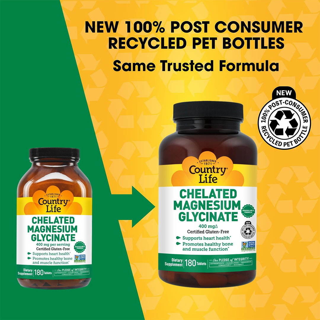 Country Life Chelated Magnesium Glycinate 400mg Tablets Gluten Free Non-GMO 180 Tablets
