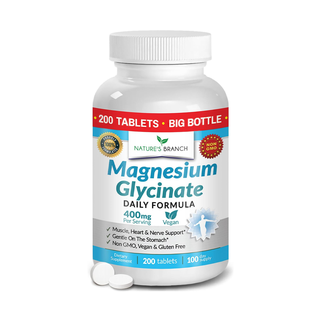 Nature's Branch Magnesium Glycinate 400mg Tablets Daily Formula Vegan Non-GMO Gluten Free 200 Tablets