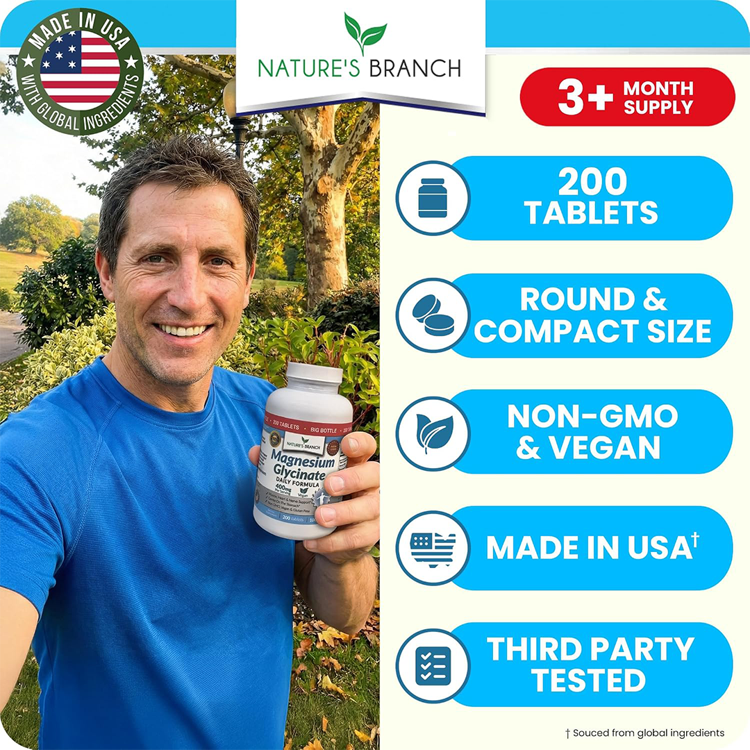 Nature's Branch Magnesium Glycinate 400mg Tablets Daily Formula Vegan Non-GMO Gluten Free 200 Tablets