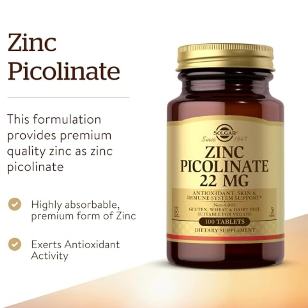Solgar Zinc Picolinate 22 mg Tablets Antioxidant Skin & Immune System Support Non-GMO Gluten Free 100 Tablets