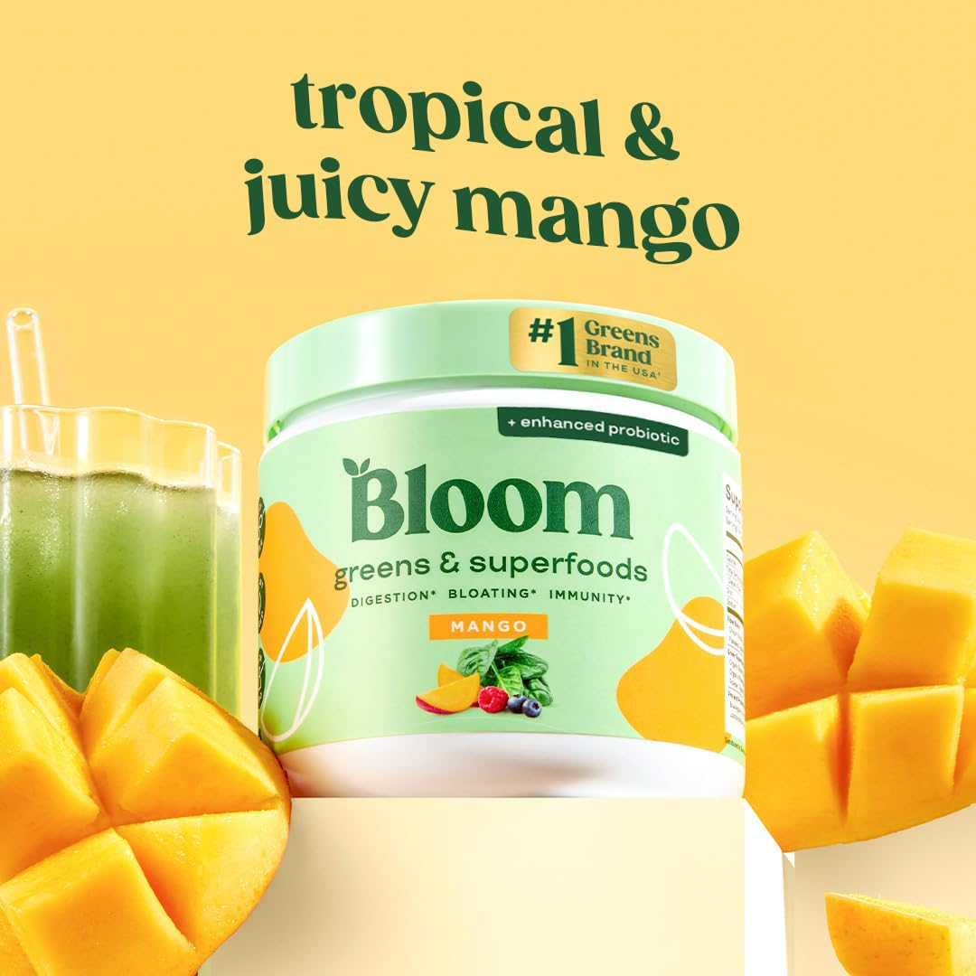 Bloom Nutrition Greens & Superfoods Mango Flavor with Enhanced Probiotic Dietary Supplement