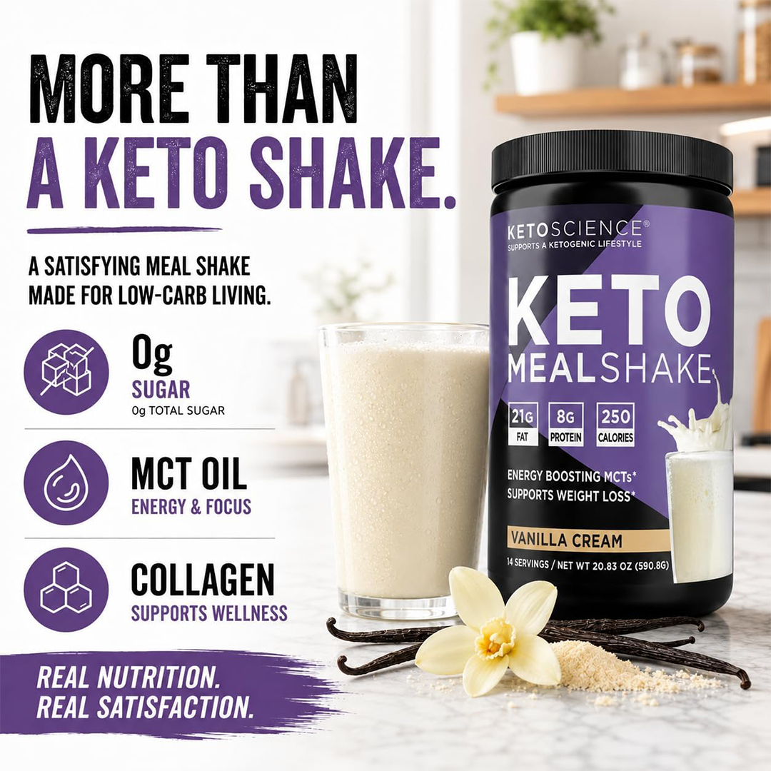 Keto Science Vanilla Cream Meal Shake with MCTs 21g Fat 8g Protein 250 Calories 14 Servings